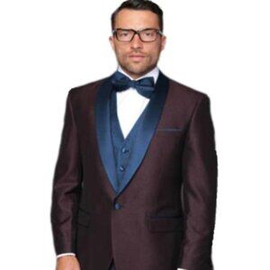 Burgundy ~ Plum And Dark Navy Blue Lapel Burgundy Suit Tuxedo Vested 3 Piece Sui